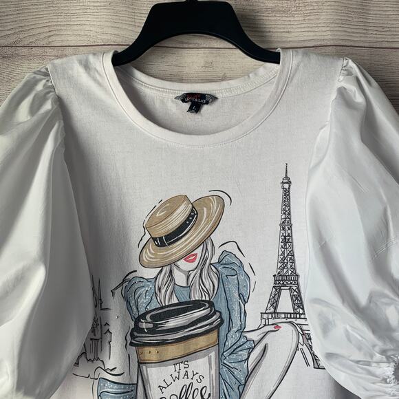 More Love & Lace White Blouse with Paris Graphic Flowers Puff Sleeves Size Large - Picture 12 of 15